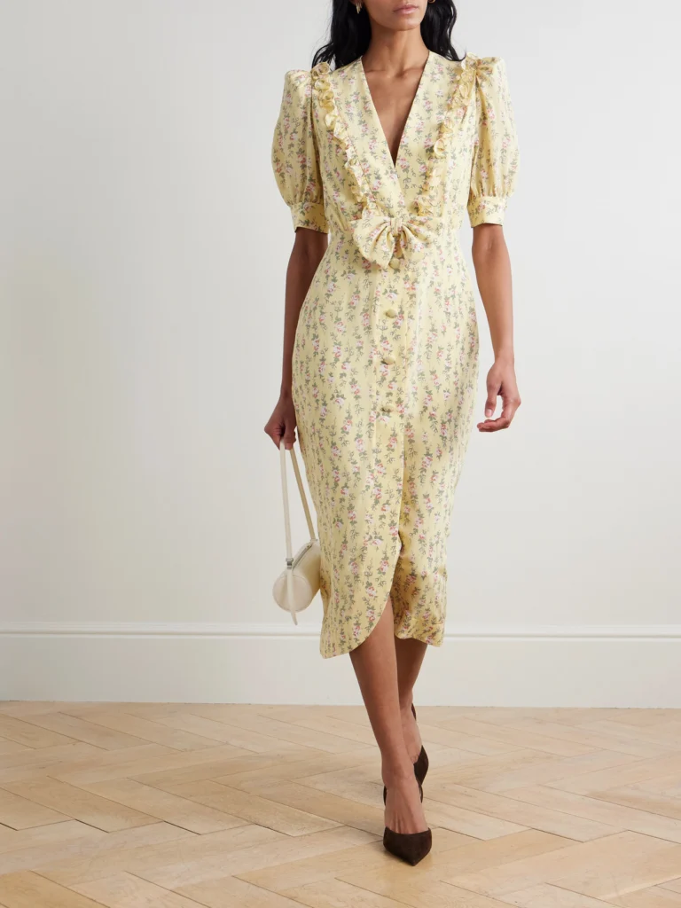 Alessandra Rich Garden Party Bow-detailed Floral-print Silk Crepe De Chine Midi Dress