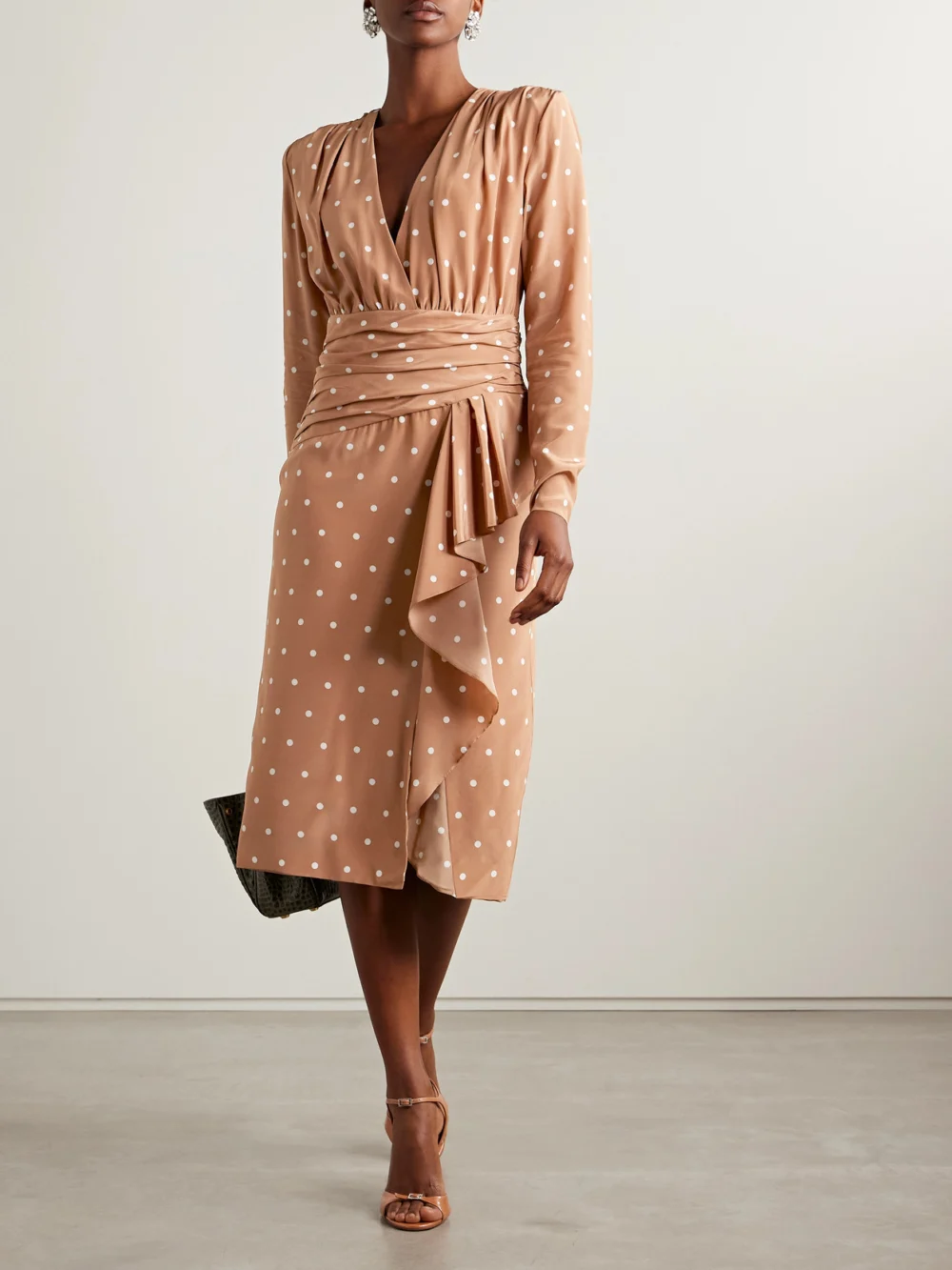 Alessandra Rich Gathered Polka-dot Silk Crepe De Chine Midi Dress, worn by a model