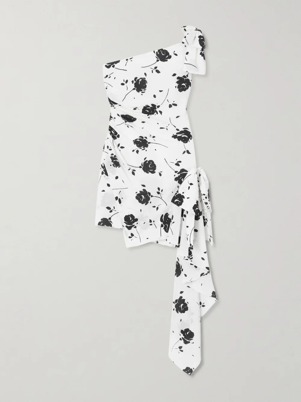 Alessandra Rich One-shoulder Bow-detailed Gathered Floral-print Silk Mini Dress in white