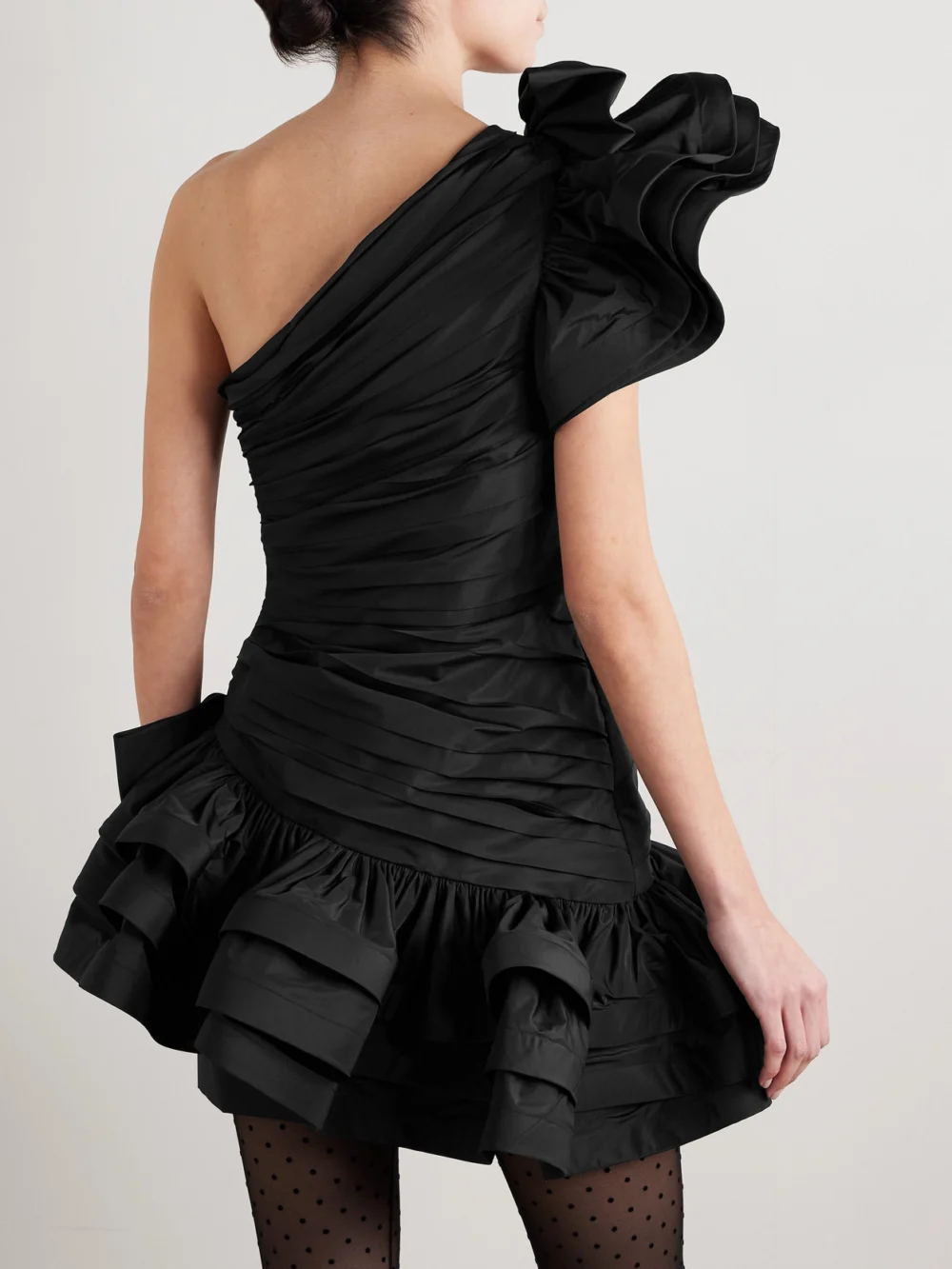 Back view of the Alessandra Rich One-shoulder Bow-embellished Ruched Taffeta Mini Dress