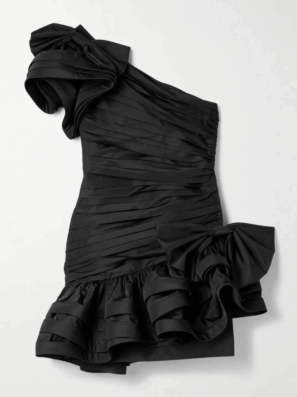 Alessandra Rich One-shoulder Bow-embellished Ruched Taffeta Mini Dress in black