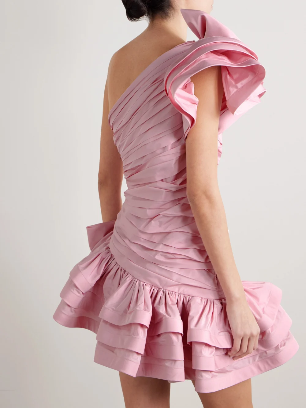 Back view of the Alessandra Rich One-shoulder Bow-embellished Ruched Taffeta Mini Dress