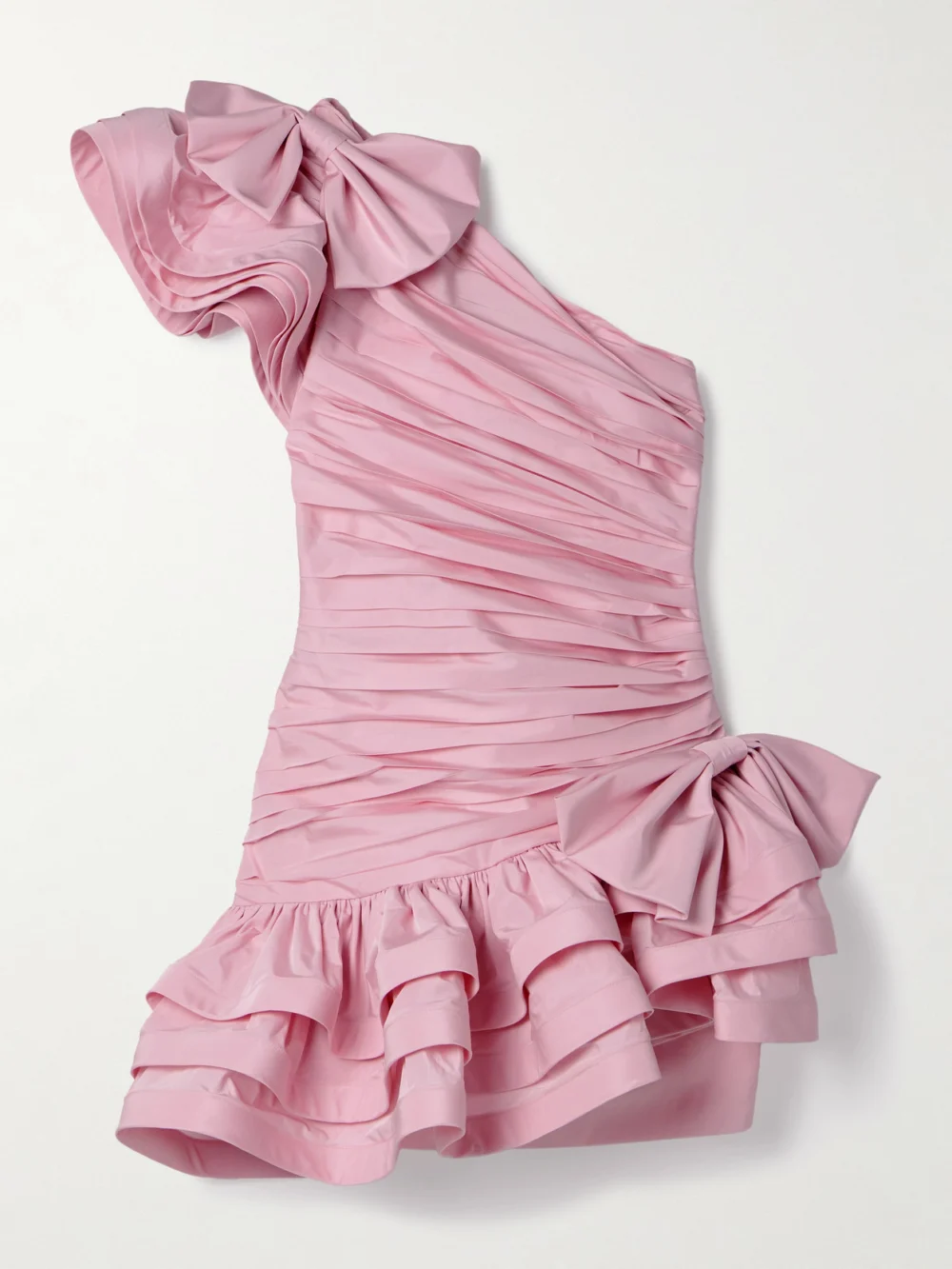 Alessandra Rich One-shoulder Bow-embellished Ruched Taffeta Mini Dress in pink