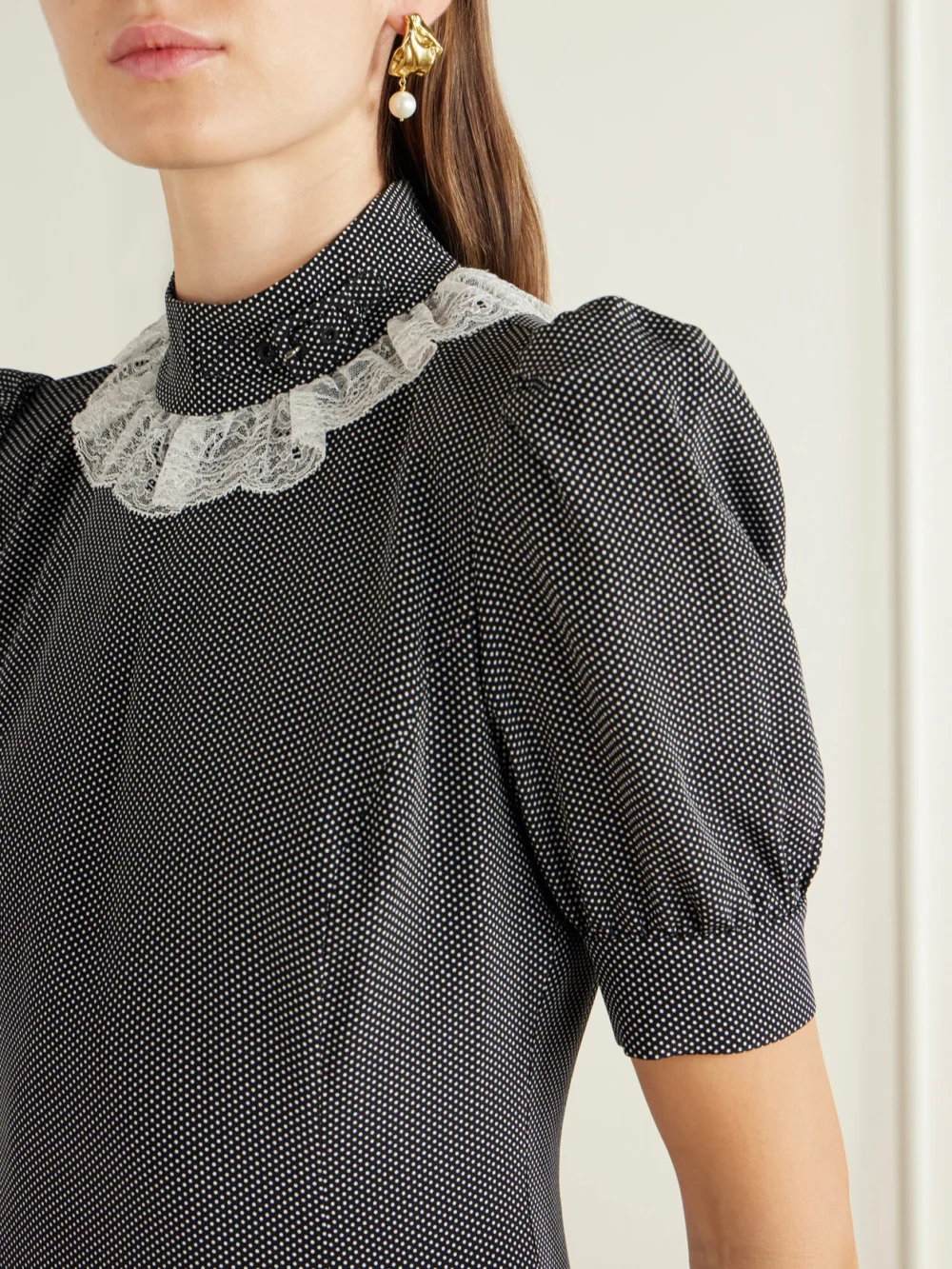 Close-up detail of the Alessandra Rich Pleated Lace-trimmed Polka-dot Silk-crepe De Chine Mini Dress