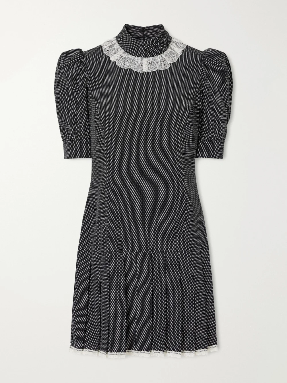 Alessandra Rich Pleated Lace-trimmed Polka-dot Silk-crepe De Chine Mini Dress in black