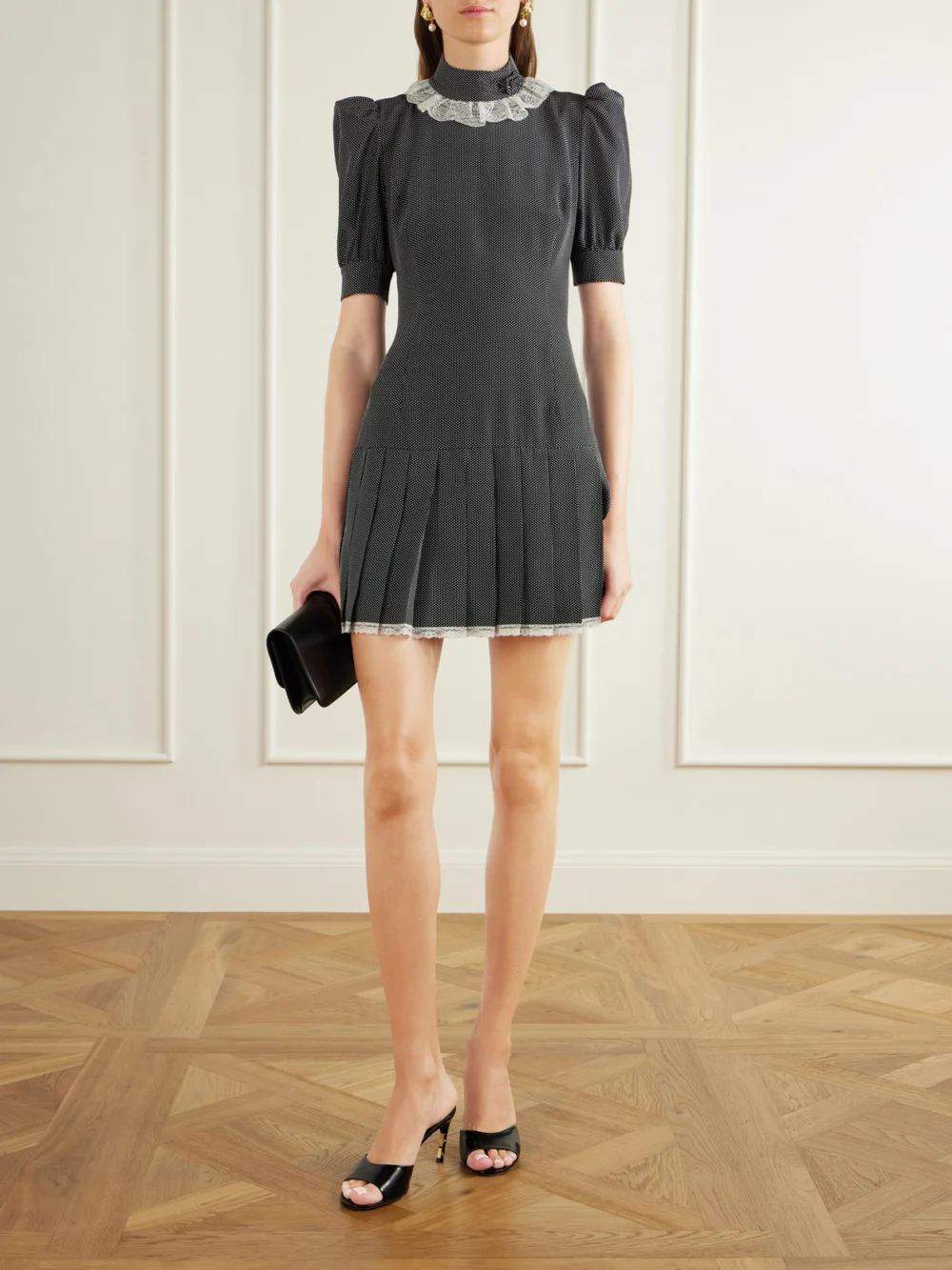 Alessandra Rich Pleated Lace-trimmed Polka-dot Silk-crepe De Chine Mini Dress, worn by a model