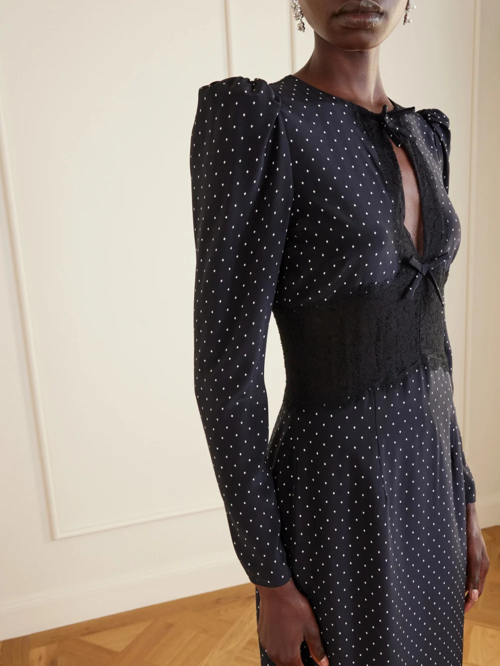 Close-up detail of the Alessandra Rich Polka-dot Silk Midi Dress