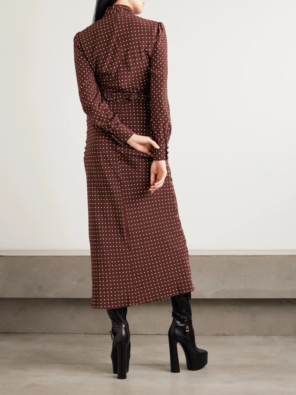 Back view of the Alessandra Rich Ruffled Bow-detailed Polka-dot Silk Crepe De Chine Midi Dress