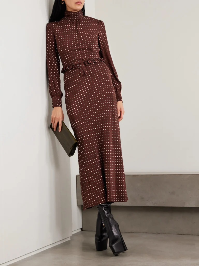Alessandra Rich Ruffled Bow-detailed Polka-dot Silk Crepe De Chine Midi Dress