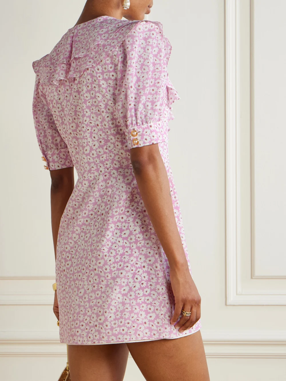 Back view of the Alessandra Rich Ruffled Floral-print Silk-georgette Mini Wrap Dress