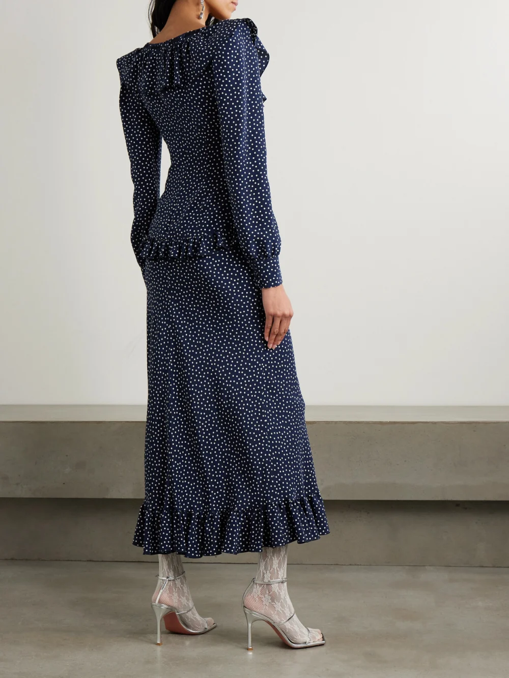 Back view of the Alessandra Rich Ruffled Polka-dot Silk Crepe De Chine Midi Dress
