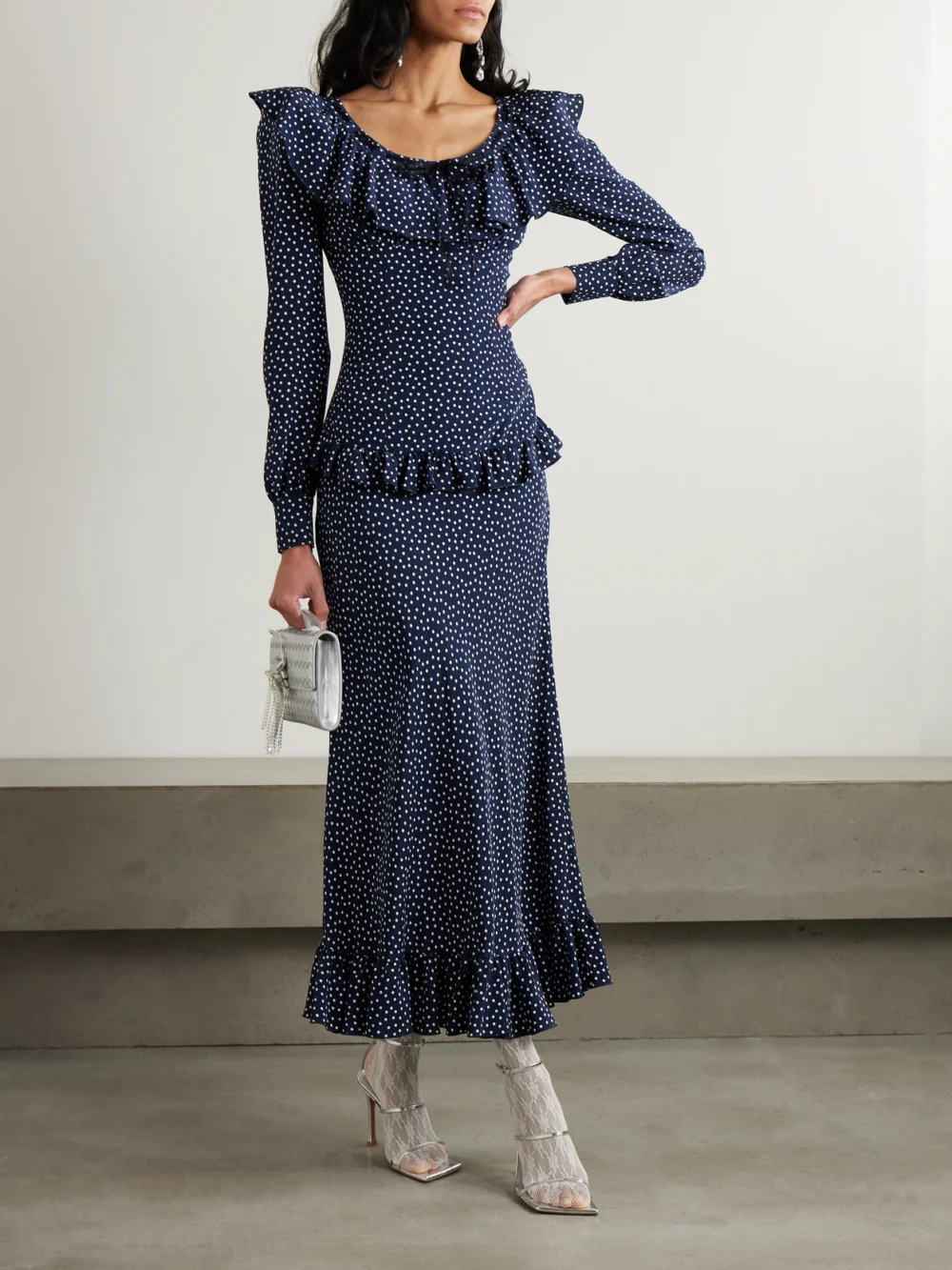 Alessandra Rich Ruffled Polka-dot Silk Crepe De Chine Midi Dress, worn by a model