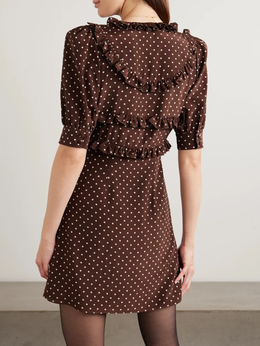 Back view of the Alessandra Rich Ruffled Polka-dot Silk Crepe De Chine Mini Dress