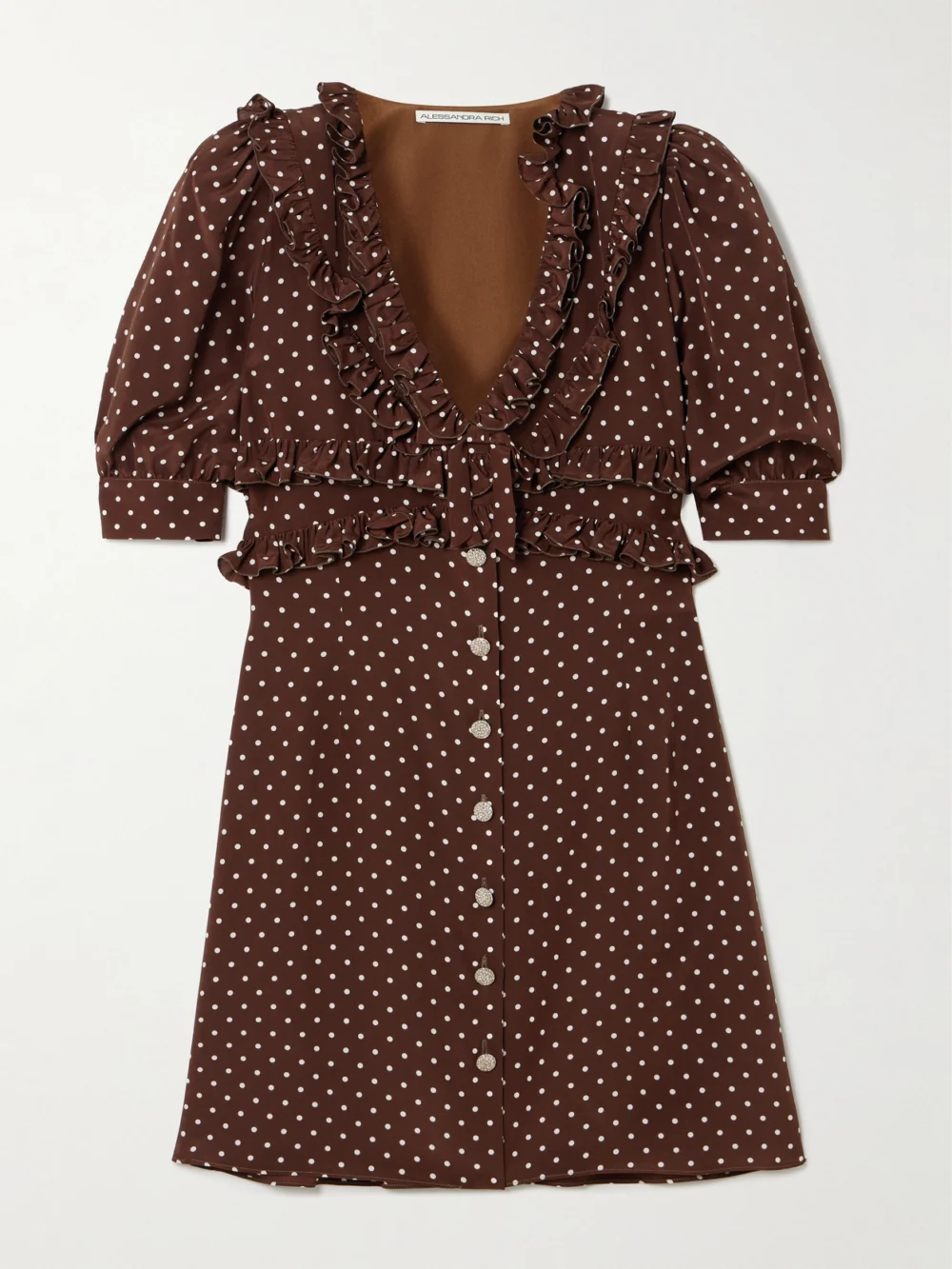 Alessandra Rich Ruffled Polka-dot Silk Crepe De Chine Mini Dress in brown