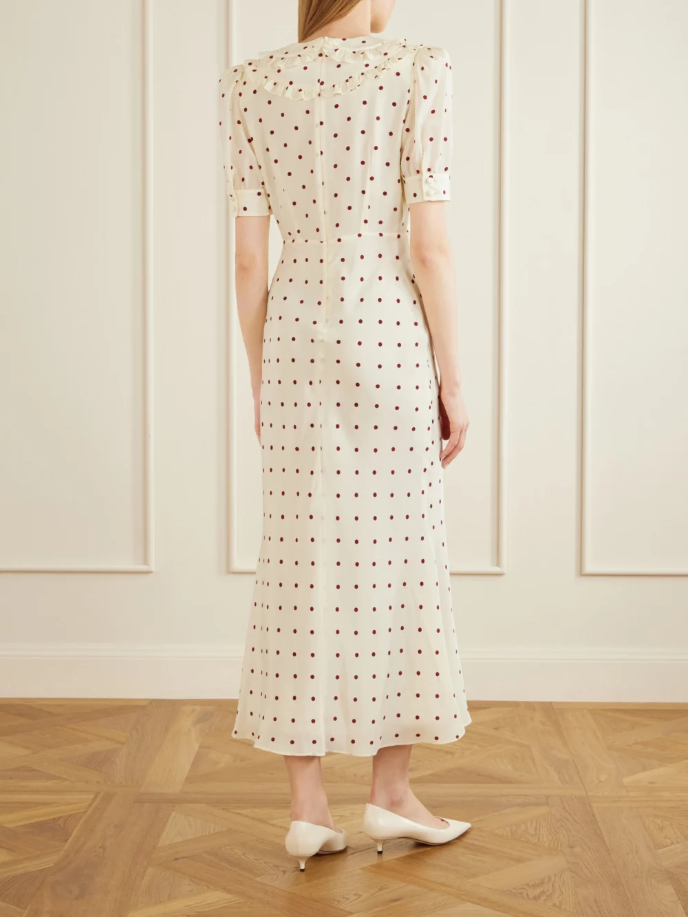 Back view of the Alessandra Rich Ruffled Polka-dot Silk Midi Dress