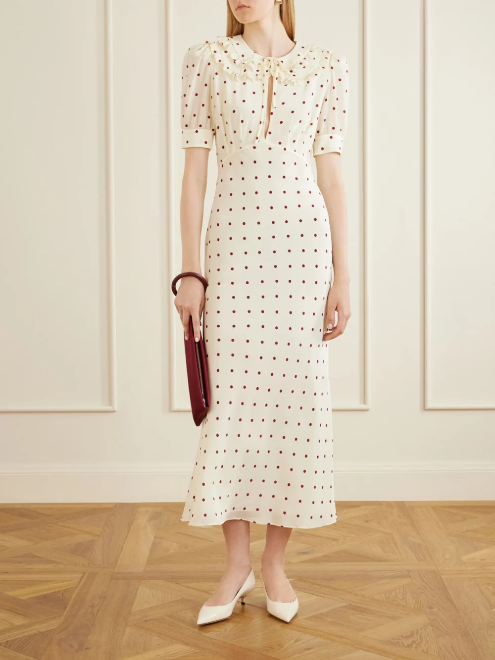 Alessandra Rich Ruffled Polka-dot Silk Midi Dress, worn by a model