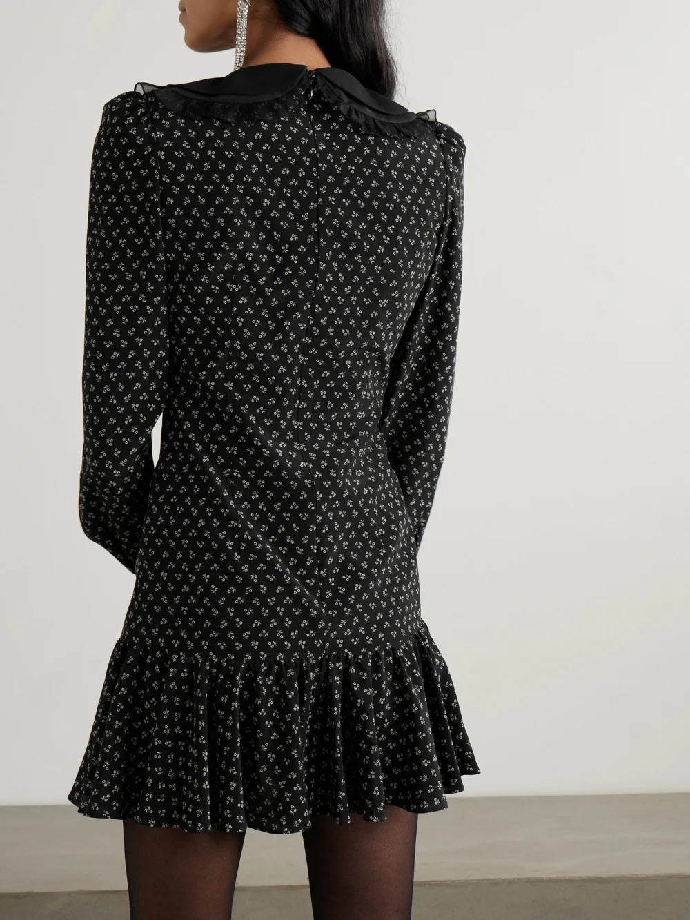 Back view of the Alessandra Rich Ruffled Velvet and Tulle-trimmed Floral-print Silk Crepe De Chine Mini Dress