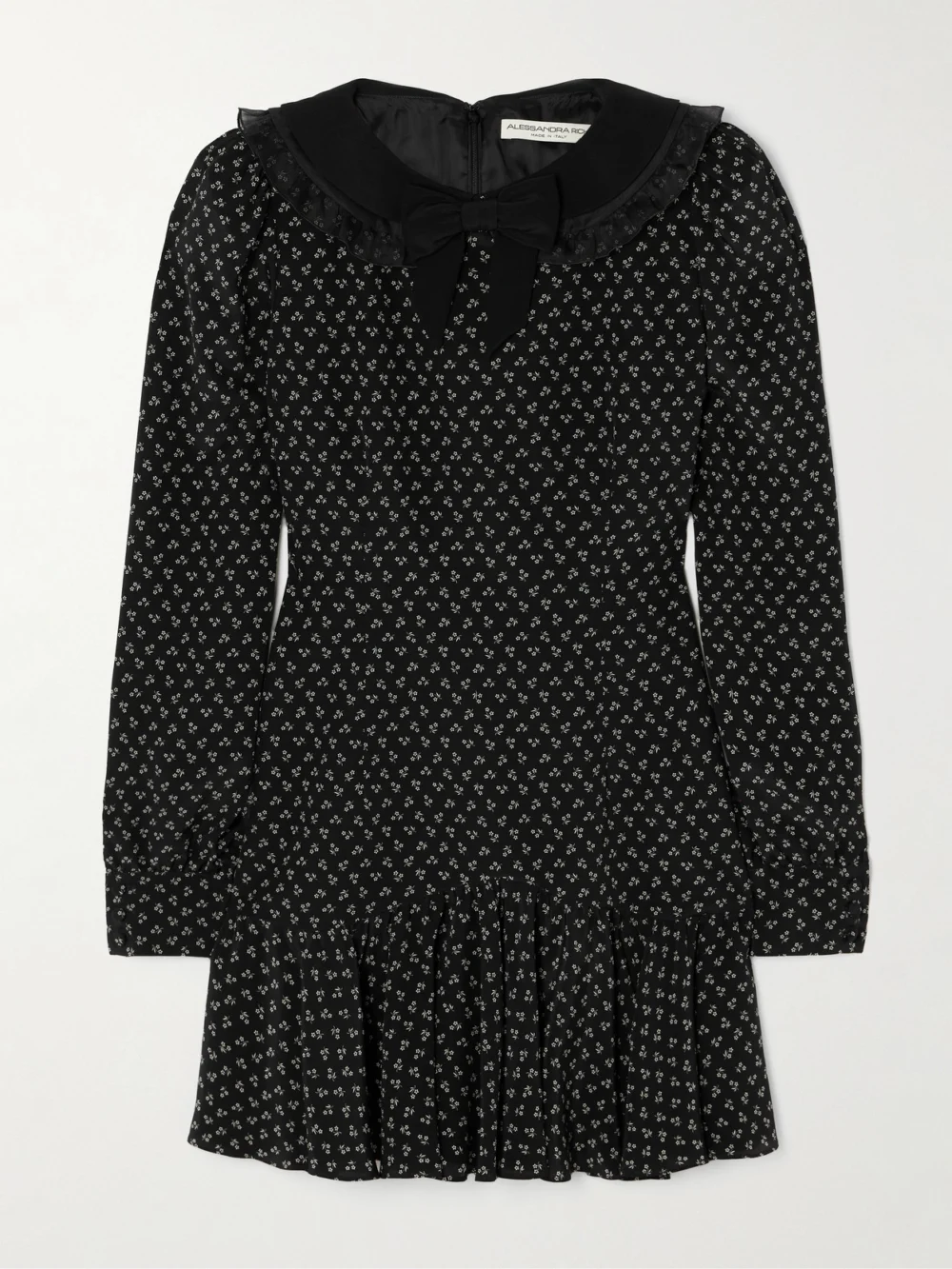 Alessandra Rich Ruffled Velvet and Tulle-trimmed Floral-print Silk Crepe De Chine Mini Dress in black