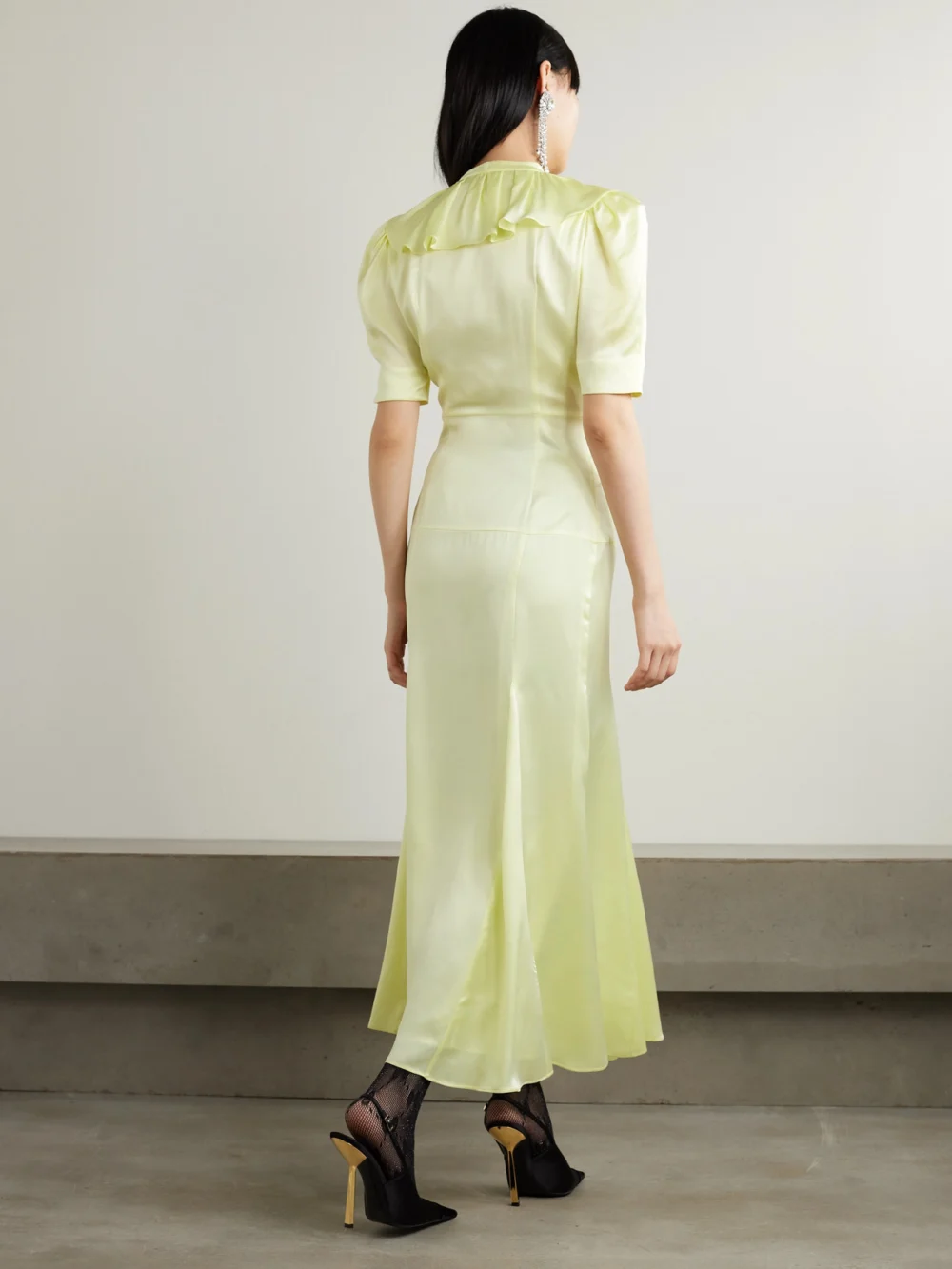 Back view of the Alessandra Rich Tie-detailed Ruffled Silk-satin Midi Dress