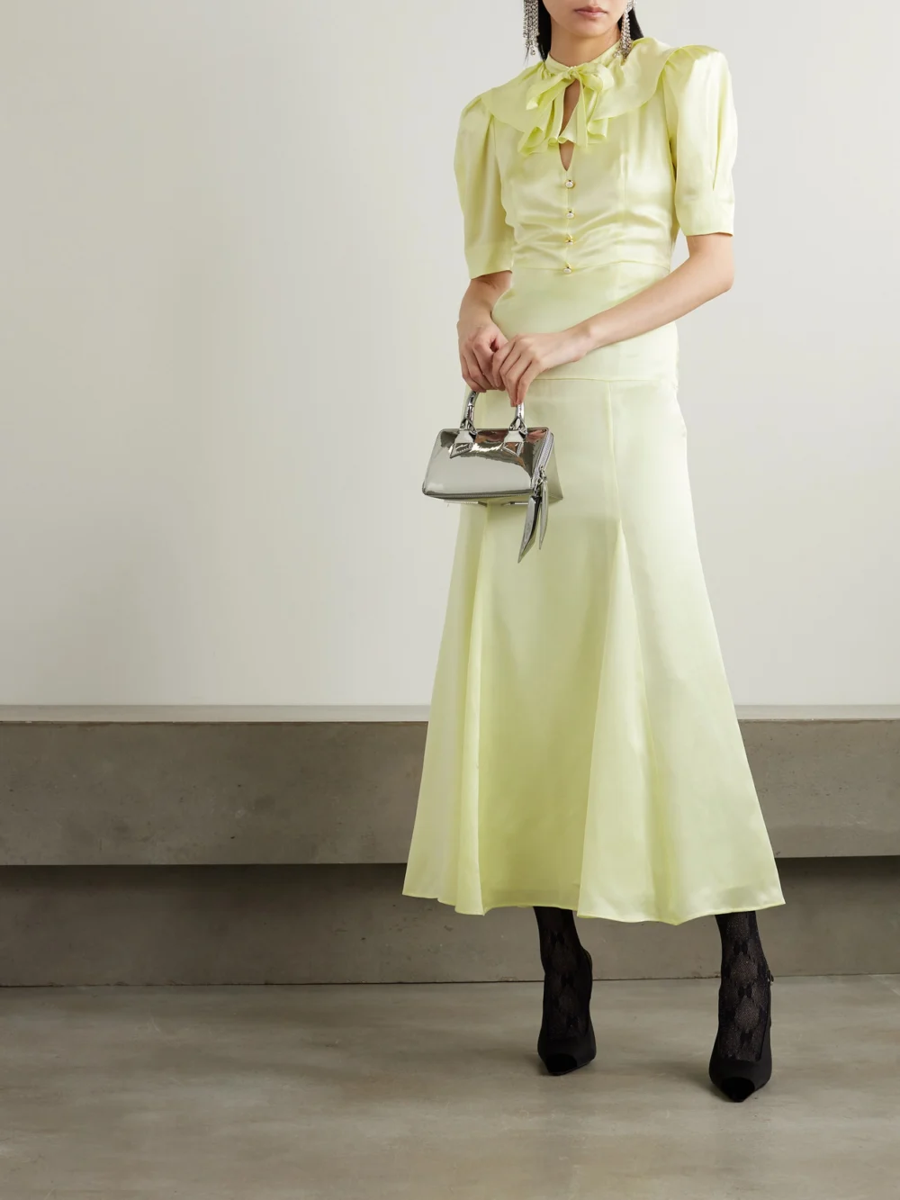 Alessandra Rich Tie-detailed Ruffled Silk-satin Midi Dress, worn by a model