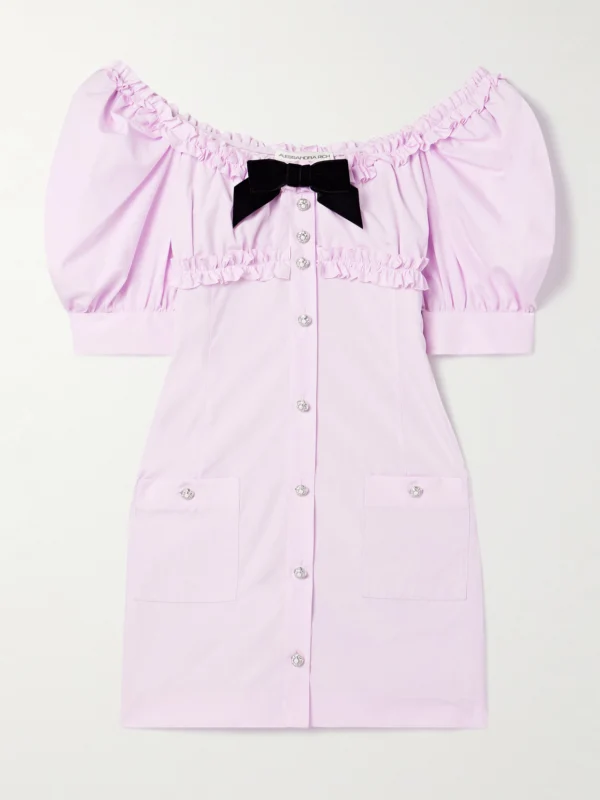 Alessandra Rich Velvet-trimmed Ruffled Cotton-poplin Mini Dress