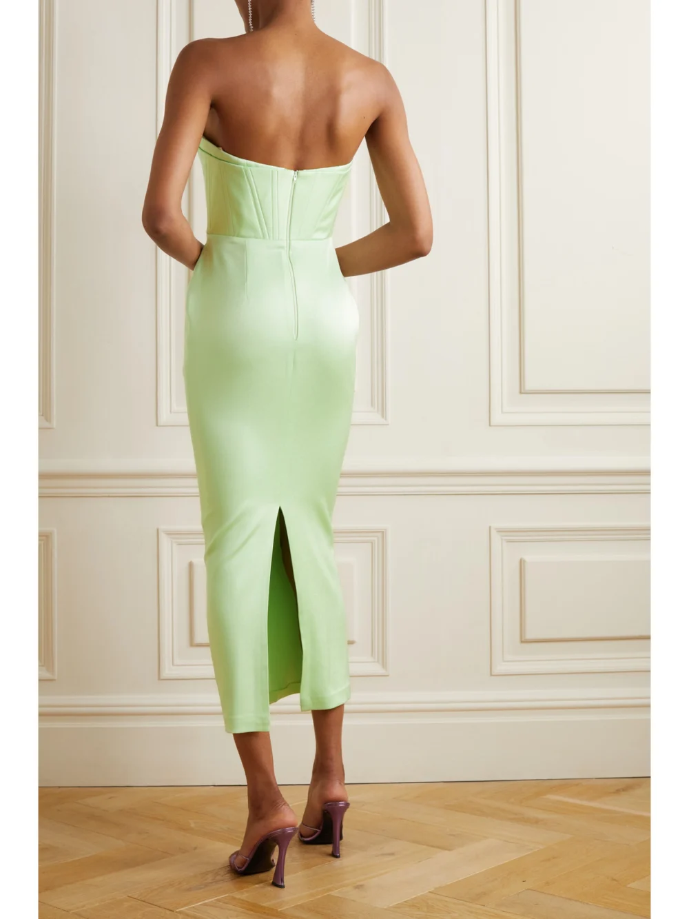 Back view of the Alex Perry Ansley Strapless Satin-crepe Midi Dress