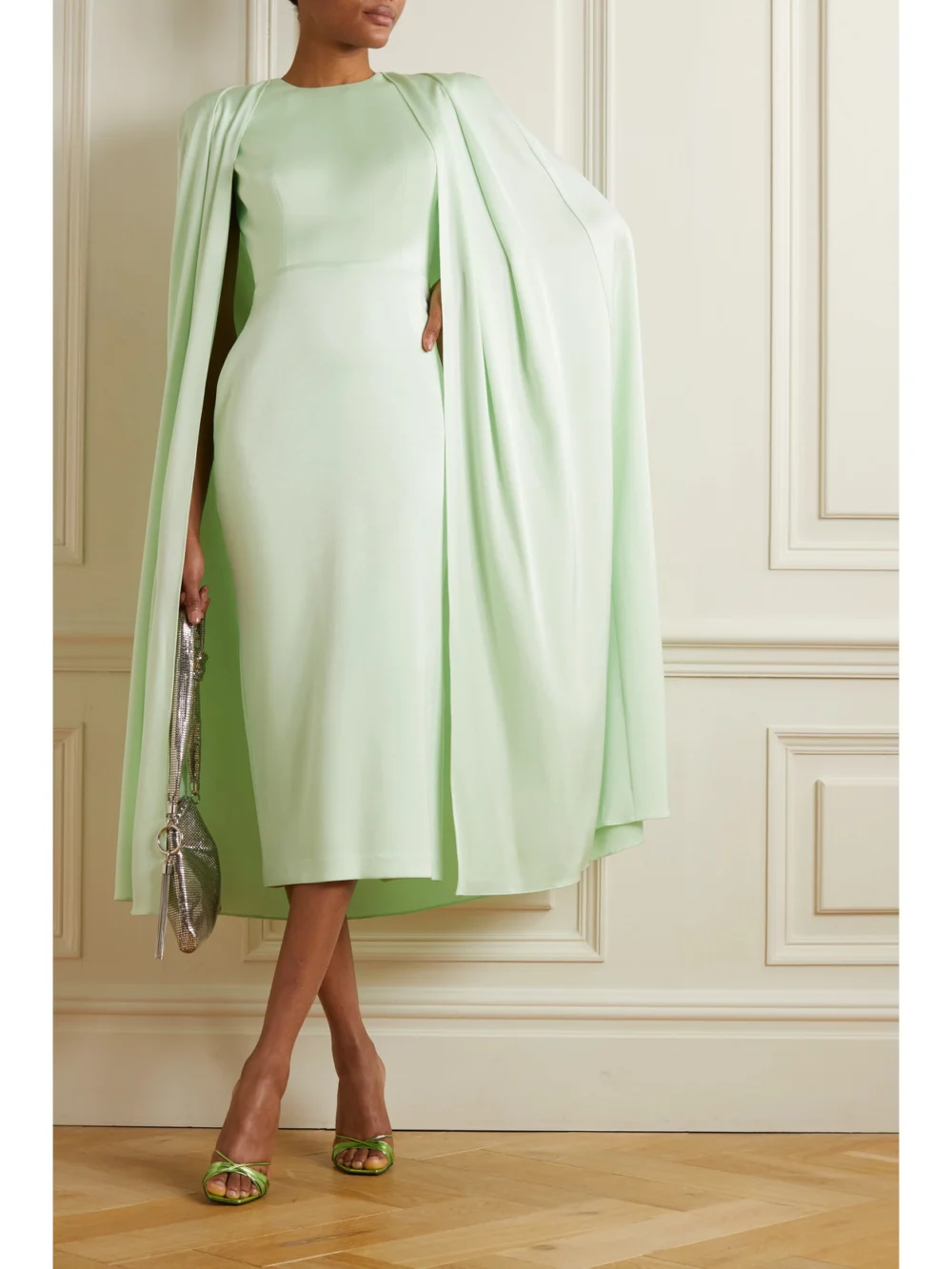 Alex Perry Beckett Cape-effect Satin-crepe Midi Dress, worn by a model