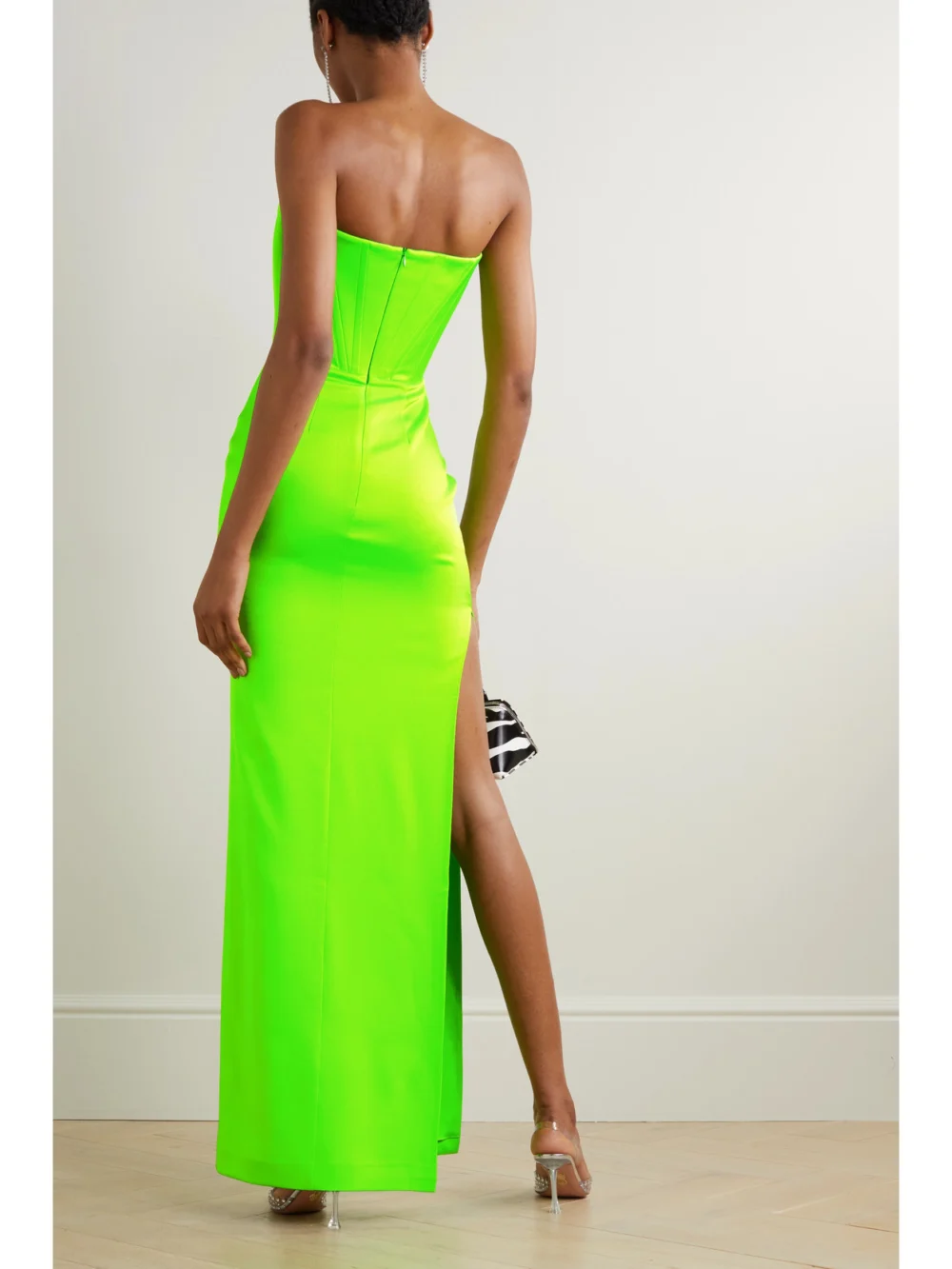 Back view of the Alex Perry Benton Strapless Neon Satin-crepe Maxi Dress