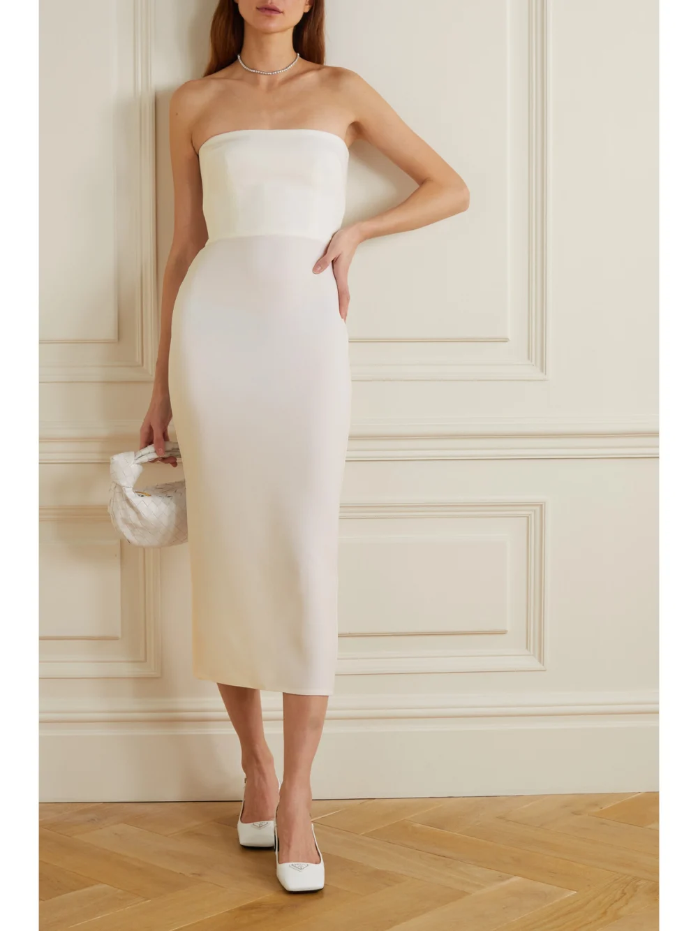 Alex Perry Callan Strapless Crepe Midi Dress, worn by a model