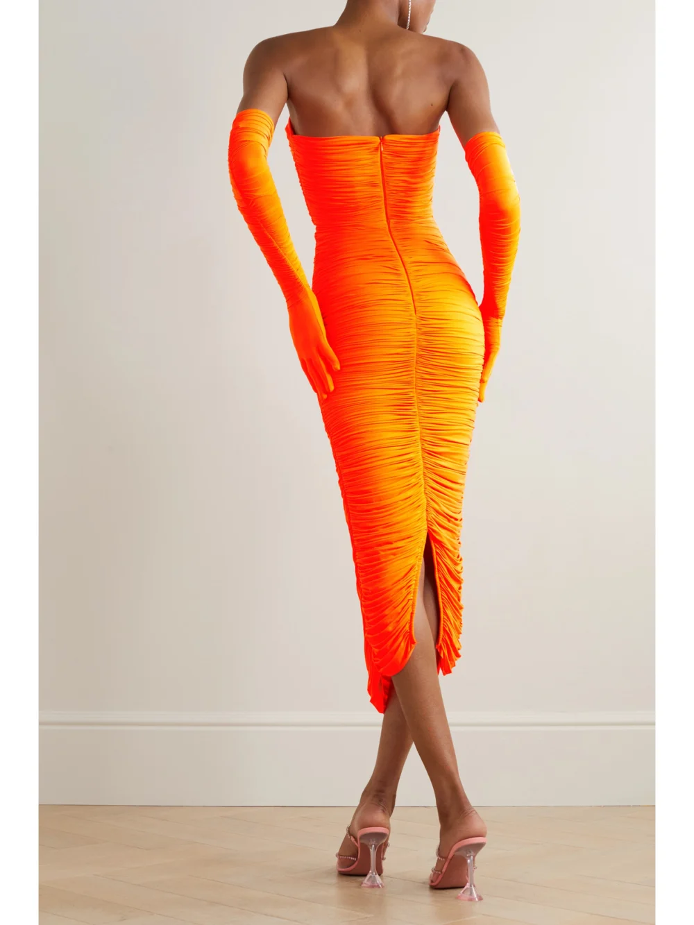 Back view of the Alex Perry Clarion Strapless Ruched Stretch-jersey Dress and Gloves Set