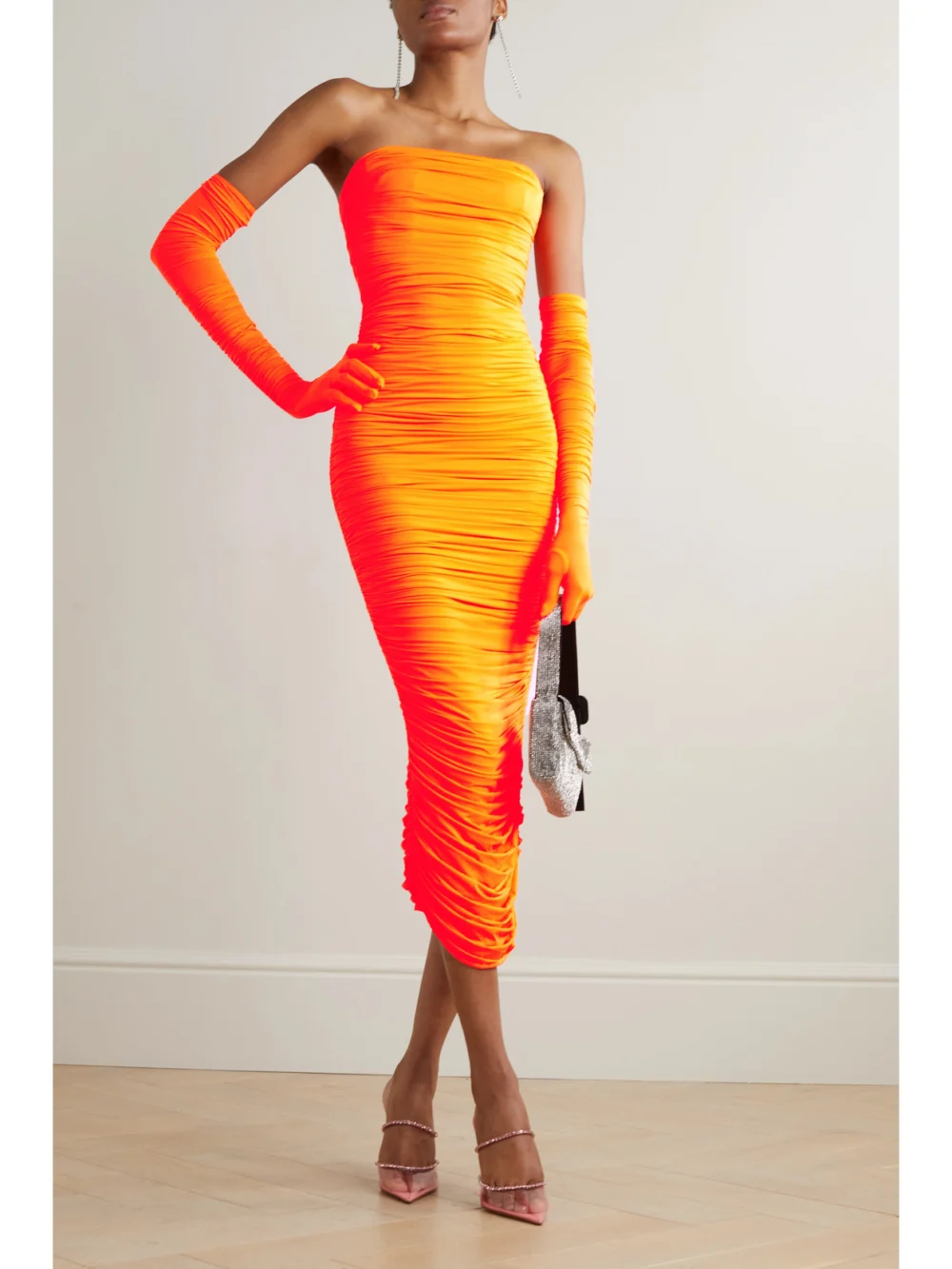 Alex Perry Clarion Strapless Ruched Stretch-jersey Dress and Gloves Set, worn by a model