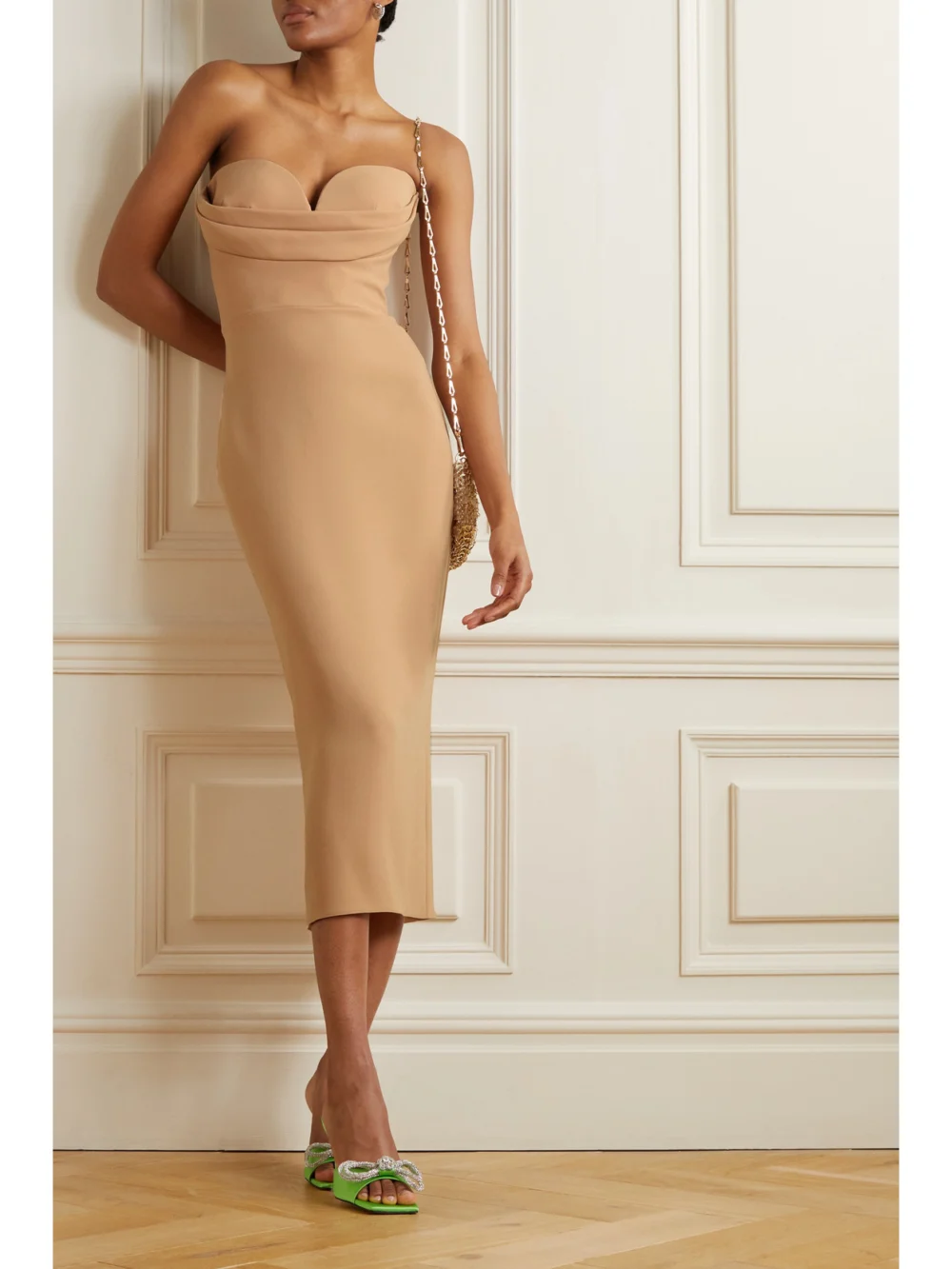 Alex Perry Darcy Strapless Draped Stretch-crepe Midi Dress, worn by a model