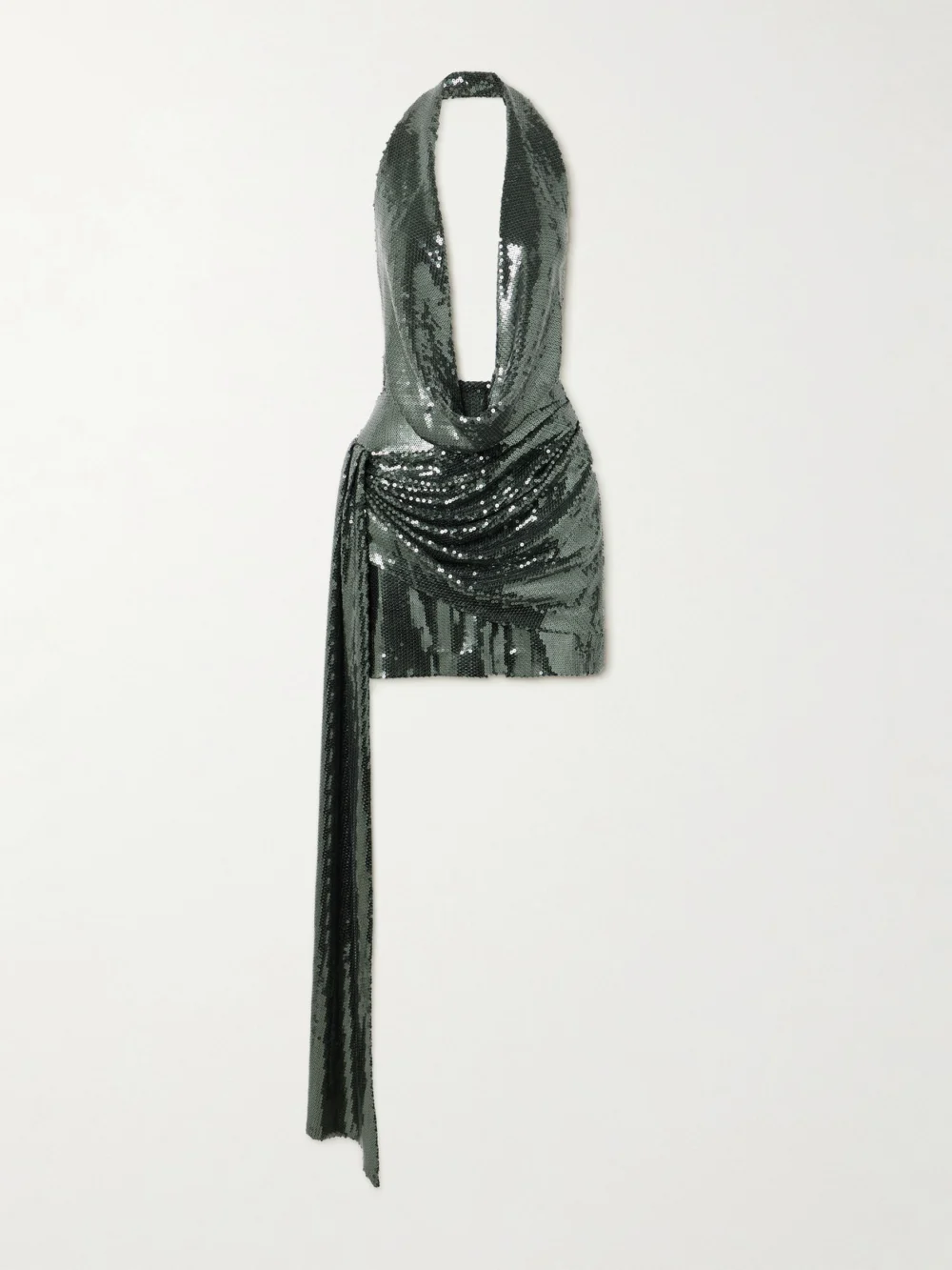 Alex Perry Draped Sequined Mesh Halterneck Mini Dress in dark green