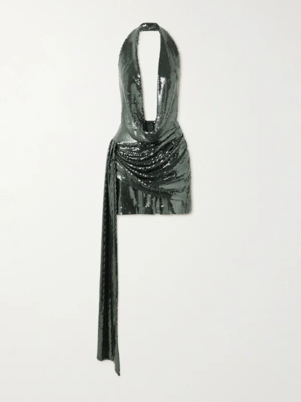 Alex Perry Draped Sequined Mesh Halterneck Mini Dress