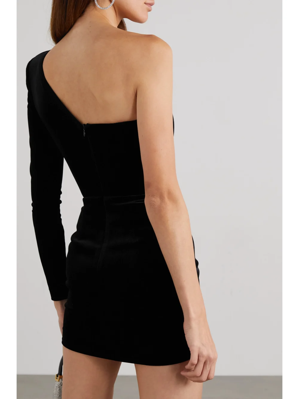 Back view of the Alex Perry Greer One-shoulder Knotted Cutout Velvet Mini Dress