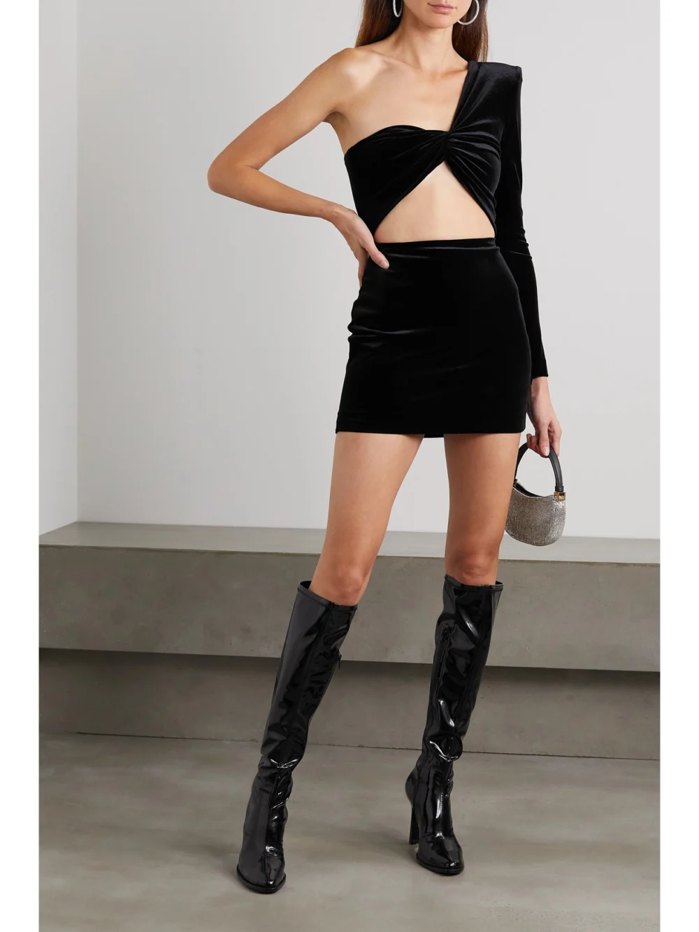 Alex Perry Greer One-shoulder Knotted Cutout Velvet Mini Dress, worn by a model