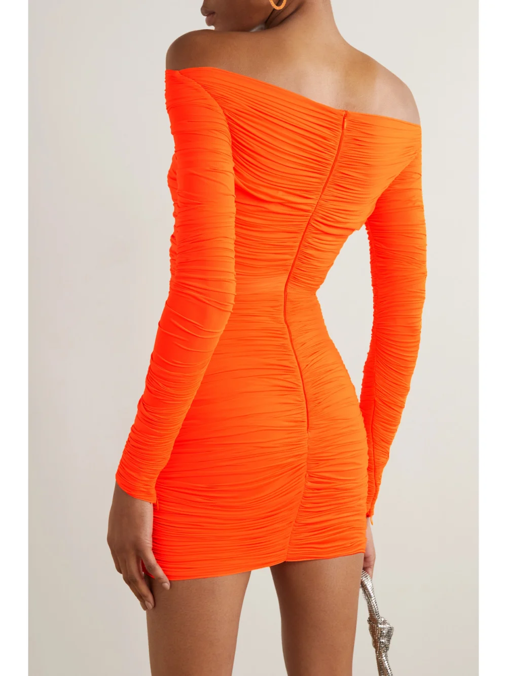 Back view of the Alex Perry Hadley Off-the-shoulder Ruched Stretch-jersey Mini Dress