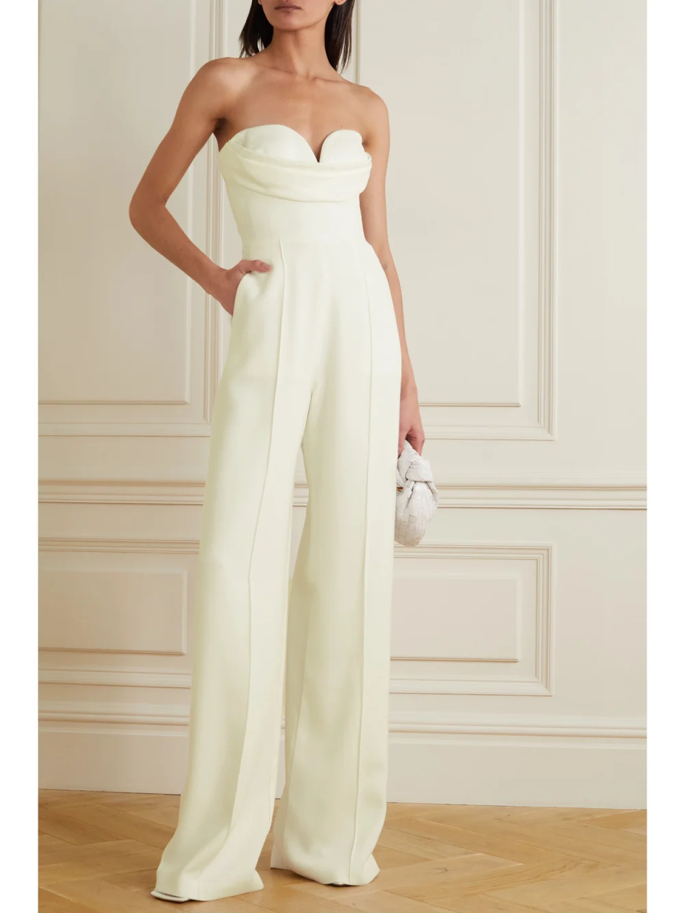 Alex Perry Hayden Strapless Draped Crepe Jumpsuit, worn by a model