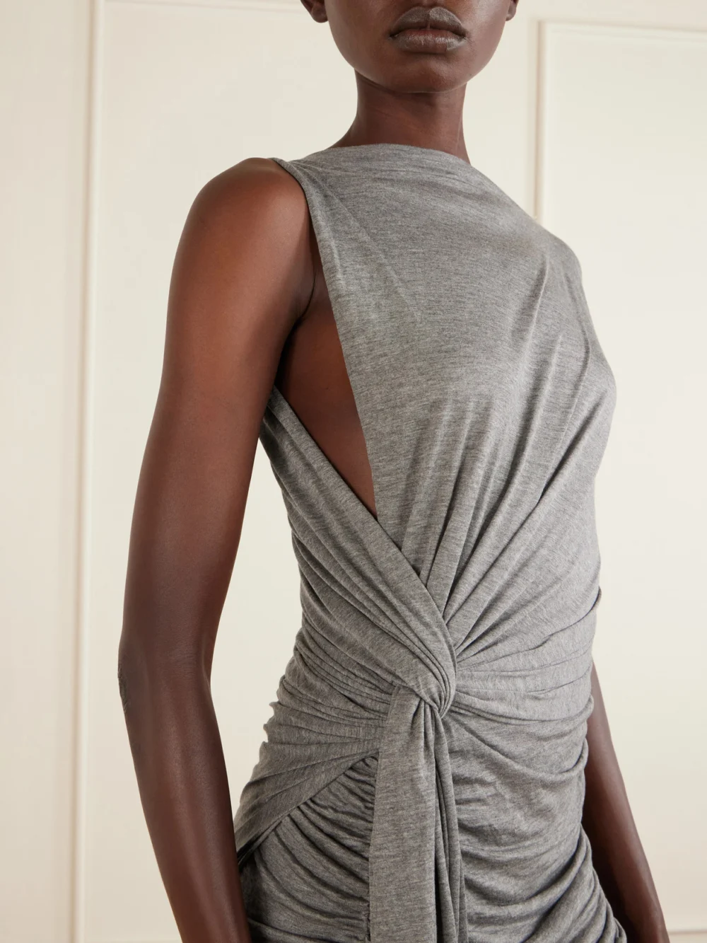 Close-up detail of the Alex Perry Knotted Draped Ruched Jersey Mini Dress