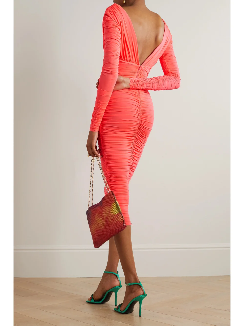 Back view of the Alex Perry Marin Ruched Neon Stretch-jersey Midi Dress