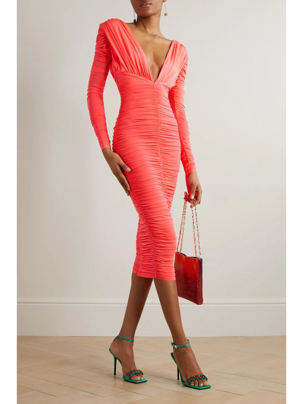 Alex Perry Marin Ruched Neon Stretch-jersey Midi Dress, worn by a model