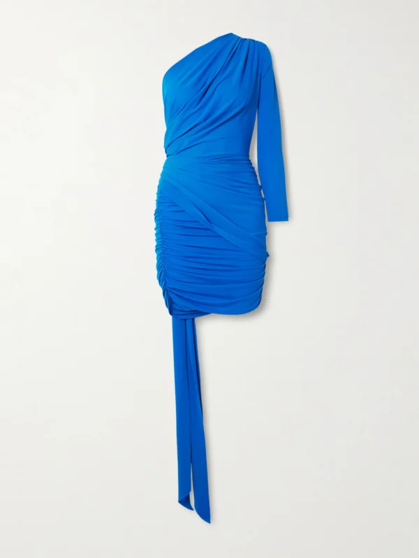 Alex Perry One-sleeve Ruched Stretch Recycled Crepe-jersey Mini Dress