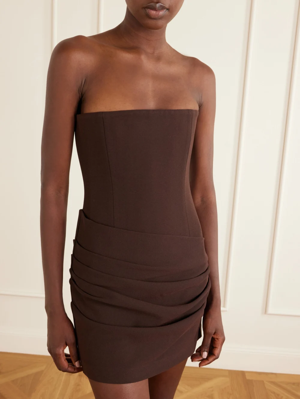 Close-up detail of the Alex Perry Strapless Draped Crepe Mini Dress