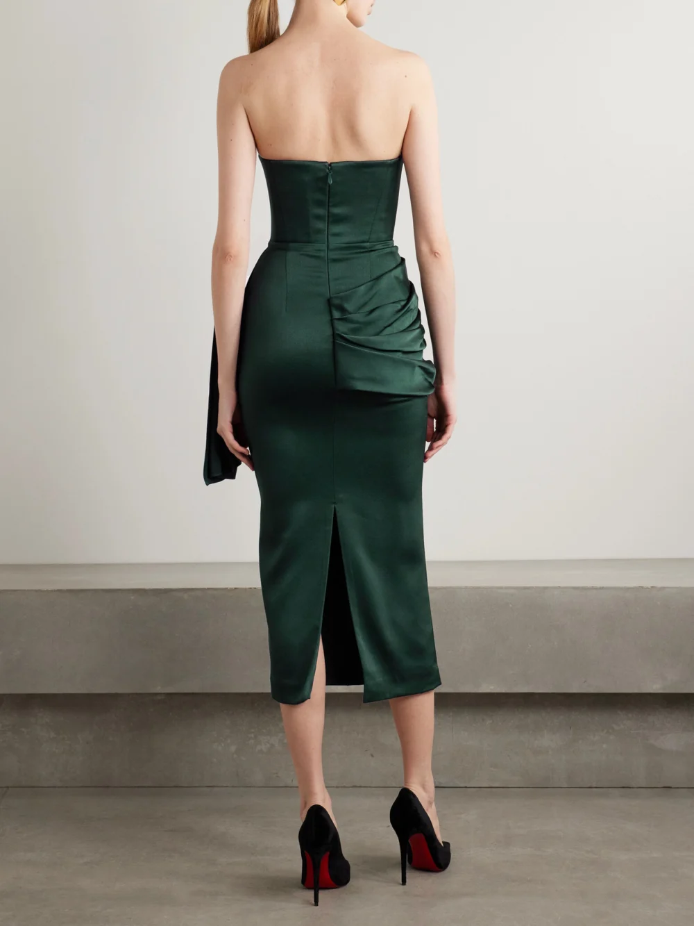 Back view of the Alex Perry Strapless Draped Satin-crepe Midi Dress