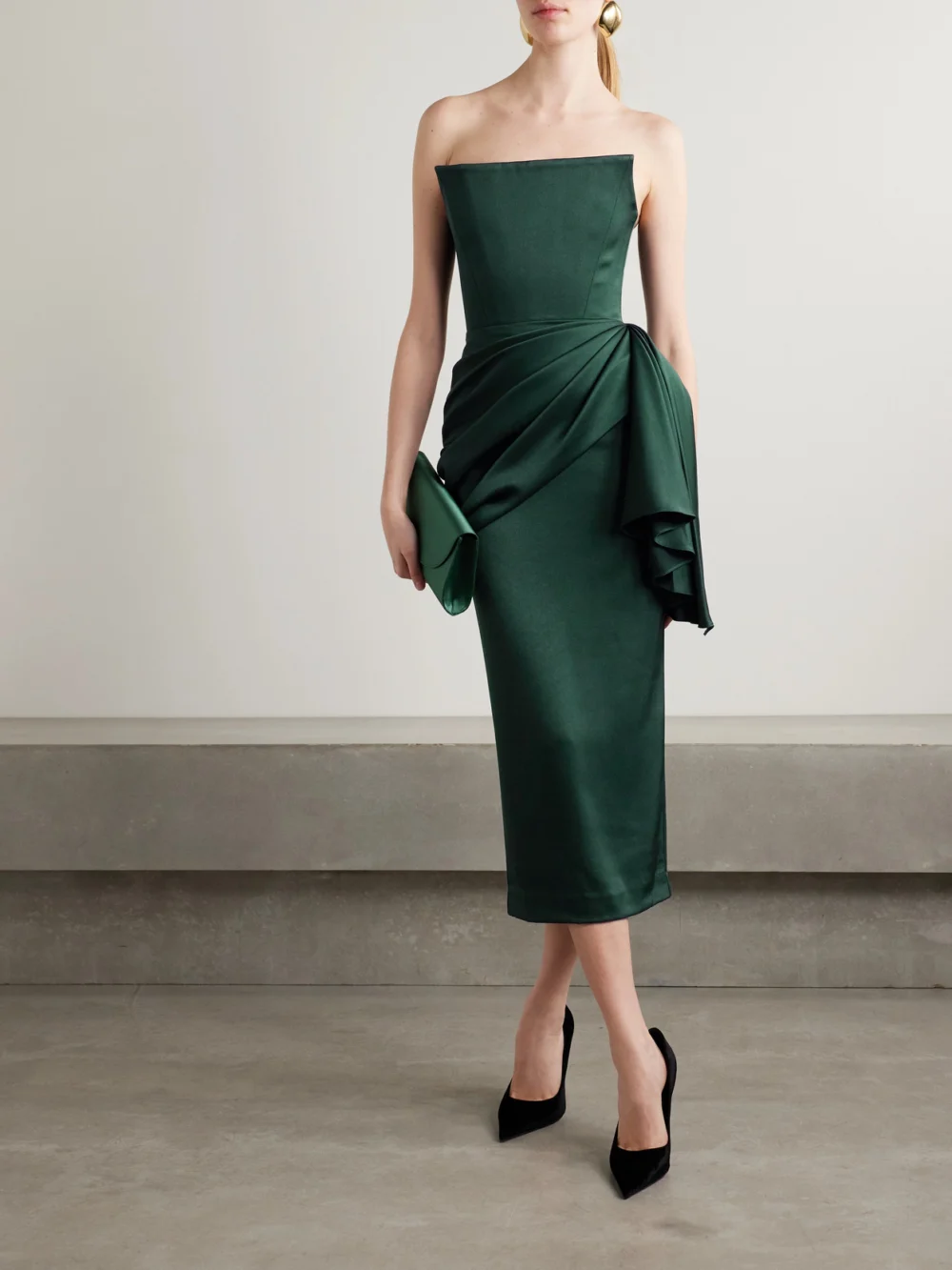Alex Perry Strapless Draped Satin-crepe Midi Dress, worn by a model