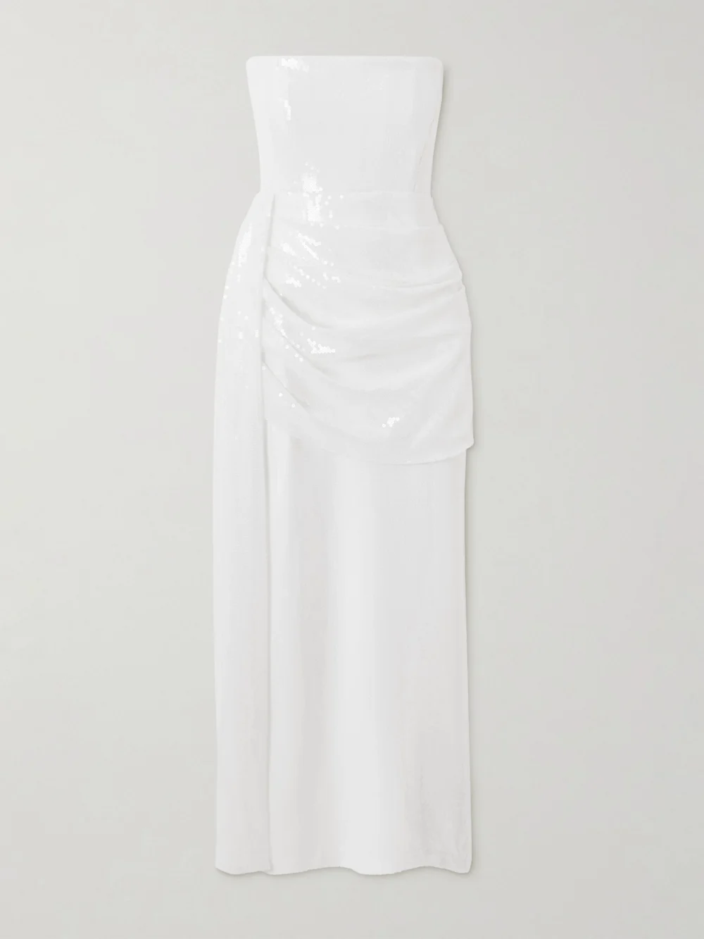 Alex Perry Strapless Draped Sequined Mesh Midi Dress in white