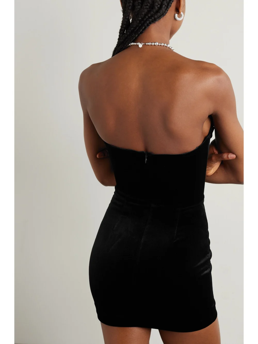 Back view of the Alex Perry Strapless Draped Stretch-velvet Mini Dress