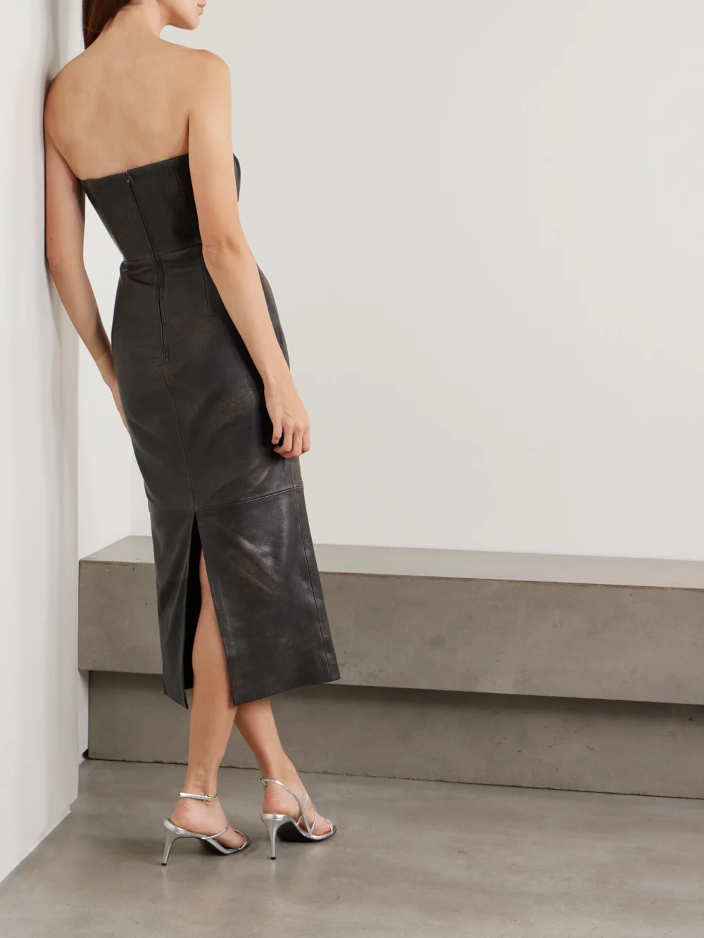 Back view of the Alex Perry Strapless Leather Midi Dress