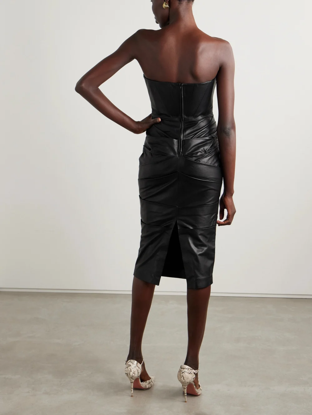 Back view of the Alex Perry Strapless Ruched Leather Dress