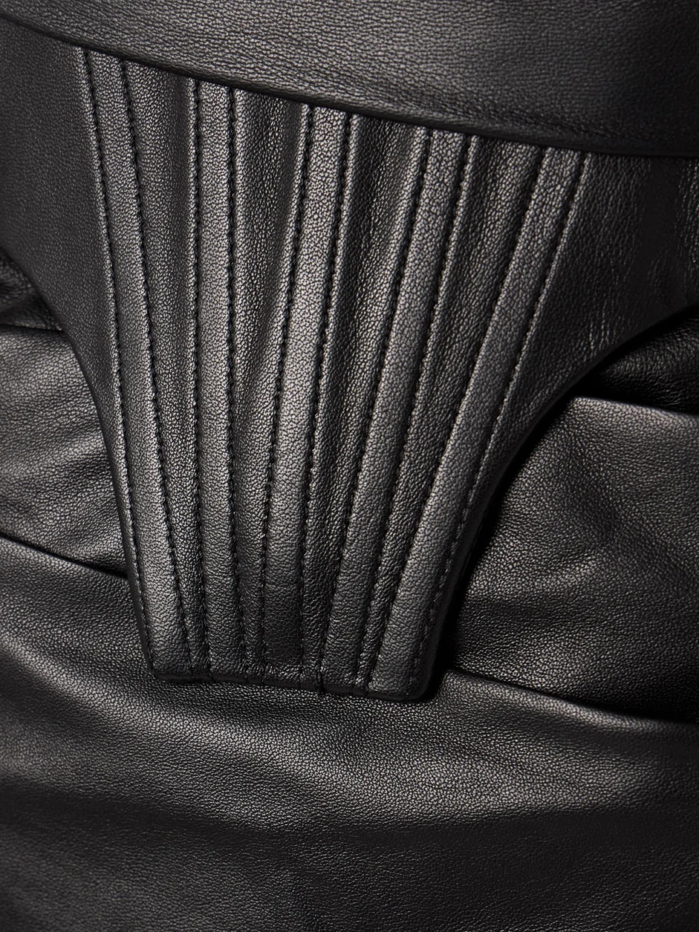 Close-up detail of the Alex Perry Strapless Ruched Leather Dress